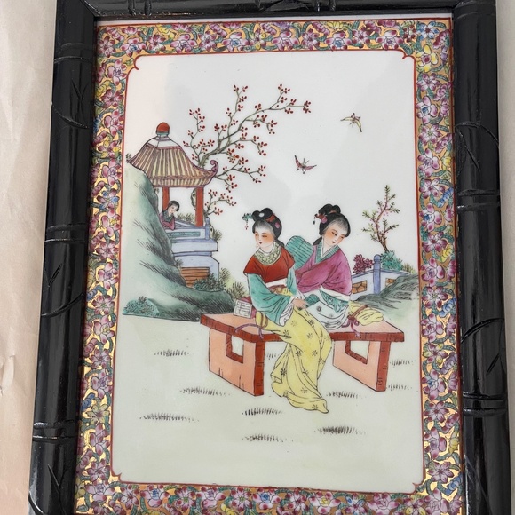 Framed Vintage Chinese Famille Rose Porcelain Plaque in Bamboo Style Frame - Picture 1 of 11